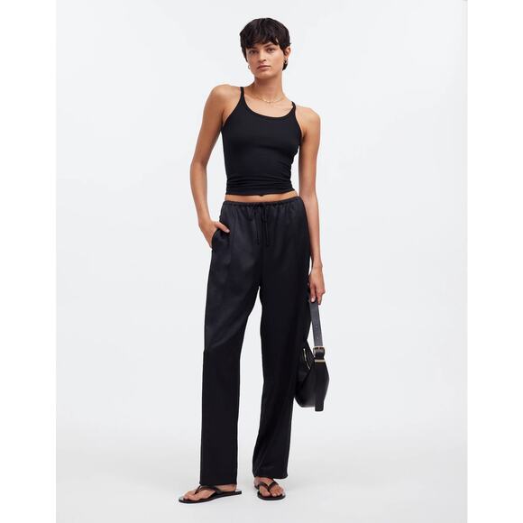 NEW Madewell Women’s Black Large Tall Pintucked Slim Pull-On Pants‎ in Satin NWT - Picture 1 of 8